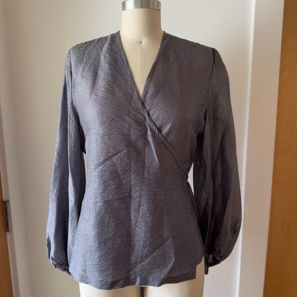 Marianne Kooimans 100% Silk Handloomed V-neck Wrap Long Sleeve Blouse-Grey-Sze 1